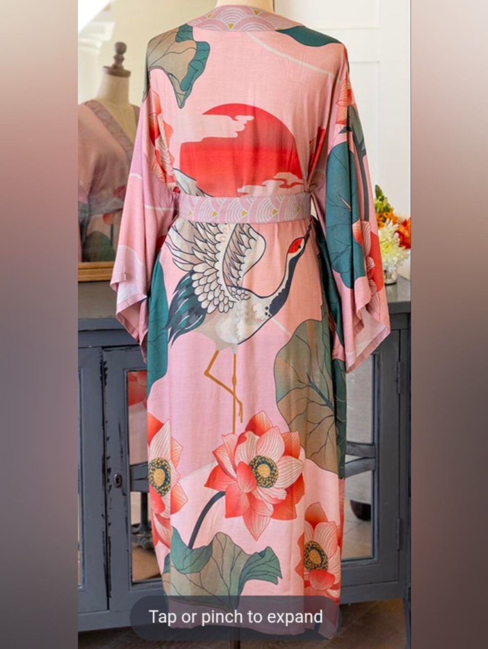 Powder Pink Floral Crane Kimono-Style Robe with Belt